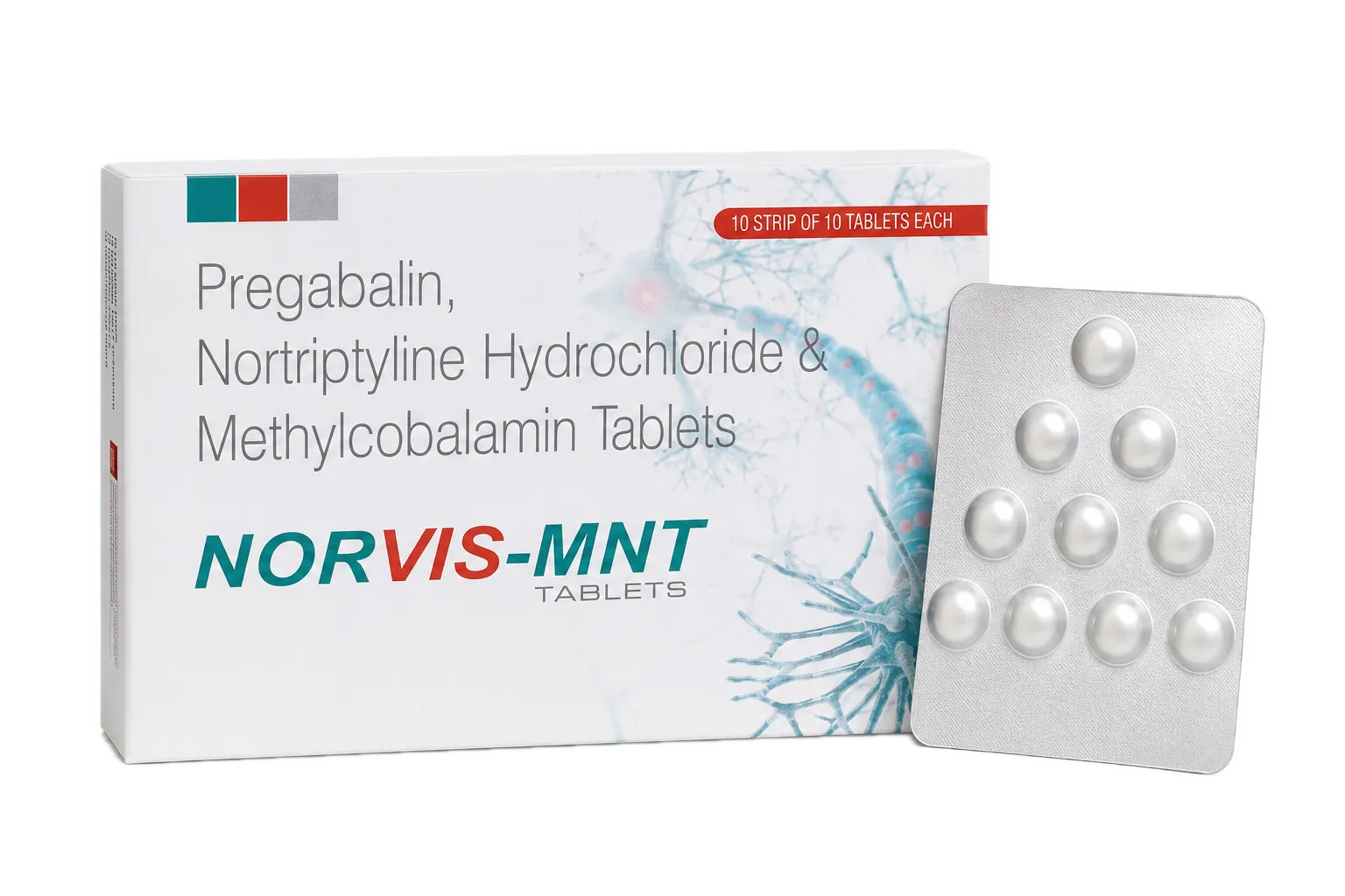 Norvis-MNT Pregabalin, Nortriptyline and Methylcobalamin tablets 10 × 10 carton